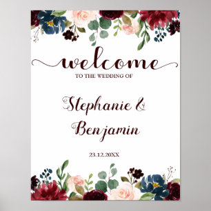 Burgundy Red Navy Floral Rustic Boho Wedding Sign Poster