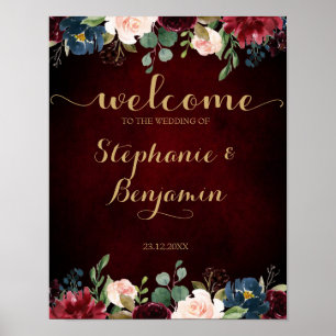 Burgundy Red Navy Floral Rustic Boho Wedding Sign Poster