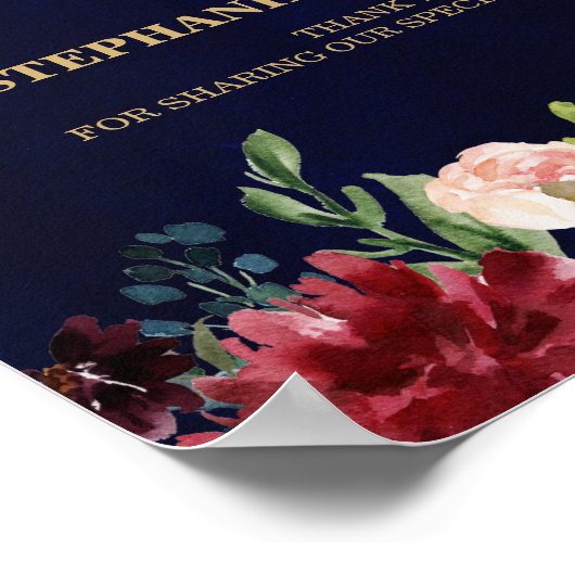 Burgundy Red Navy Floral Rustic Boho Wedding Sign Poster (Ecke)