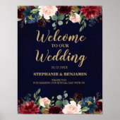 Burgundy Red Navy Floral Rustic Boho Wedding Sign Poster (Vorne)