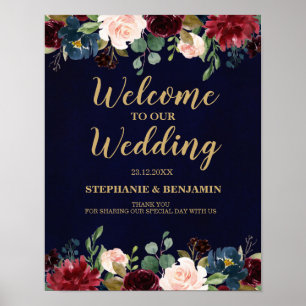 Burgundy Red Navy Floral Rustic Boho Wedding Sign Poster