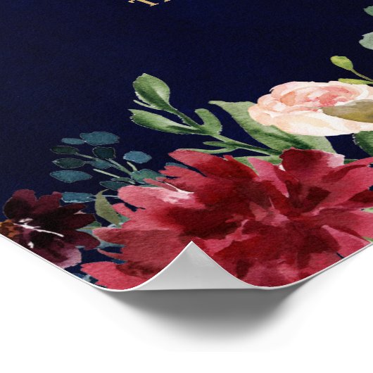 Burgundy Red Navy Floral Rustic Boho Wedding Sign Poster (Ecke)