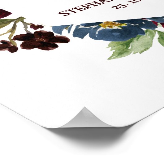 Burgundy Red Navy Floral Rustic Boho Wedding Sign Poster (Ecke)