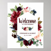 Burgundy Red Navy Floral Rustic Boho Wedding Sign Poster (Vorne)