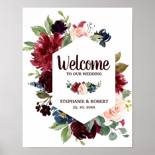 Burgundy Red Navy Floral Rustic Boho Wedding Sign Poster (Vorne)