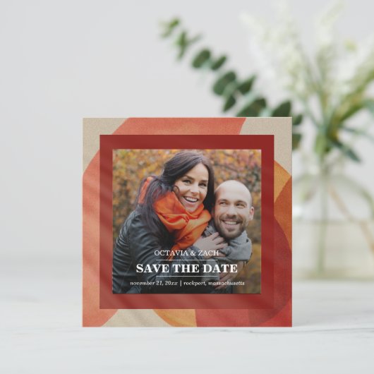 Burgundy Red Orange Pink Fall Foto Save the Date (Stehend Vorderseite)