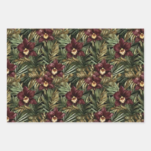 Burgundy Red Orchid Floral Tropical Brautparty Geschenkpapier Set (Vorderseite)