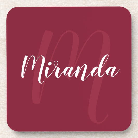 Burgundy Red Personalisiert Monogram und Name Getränkeuntersetzer (Vorderseite)