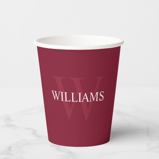 Burgundy Red Personalisiert Monogram und Name Pappbecher (Vorderseite)