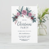 Burgundy red pink dirty blue Christmas floral Einladung (Stehend Vorderseite)