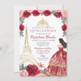 Burgundy Red Pink Gold Tiara Paris Quinceañera Einladung