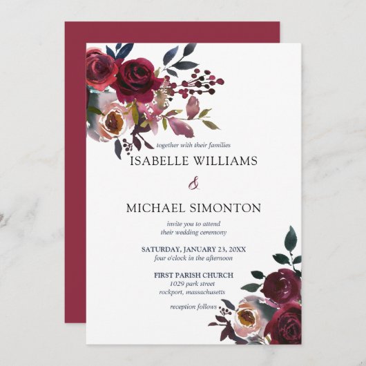 Burgundy Red Pink Rose Floral Wedding Einladung (Vorne/Hinten)