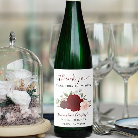 Burgundy Red Pink Roses Elegant Wedding Vielen Dan Weinetikett