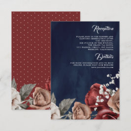 Burgundy Red Rose Floral Navy Blue Wedding Details Begleitkarte