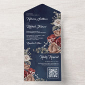 Burgundy Red Rose Floral QR Code Navy Blue Wedding All In One Einladung (Innen Boden)