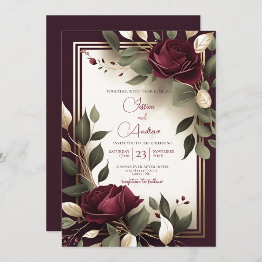 Burgundy Red RoseFloral Imitate Gold Luxury Weddin Einladung (Vorne/Hinten)