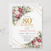 Burgundy red roses 80th birthday invite greenery einladung (Vorderseite)