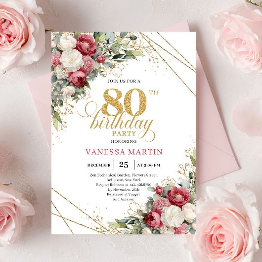 Burgundy red roses 80th birthday invite greenery einladung