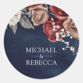 Burgundy Red Roses Floral Navy Blue Wedding Favor Runder Aufkleber