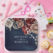 Burgundy Red Roses Floral Navy Blue Wedding Pappteller (Party)