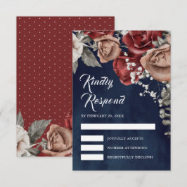 Burgundy Red Roses Floral Navy Blue Wedding RSVP Karte