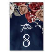 Burgundy Red Roses Floral Navy Blue Wedding Tischnummer (Vorderseite)