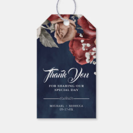 Burgundy Red Roses Floral Navy Wedding Thank You Geschenkanhänger
