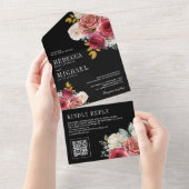 Burgundy Red Roses Floral QR Code Black Wedding All In One Einladung (Abreißen)