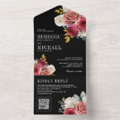 Burgundy Red Roses Floral QR Code Black Wedding All In One Einladung (Innen Boden)