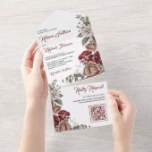 Burgundy Red Roses Floral QR Code Wedding All In One Einladung (Abreißen)