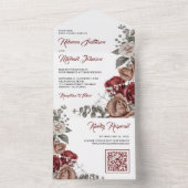 Burgundy Red Roses Floral QR Code Wedding All In One Einladung (Innen Boden)
