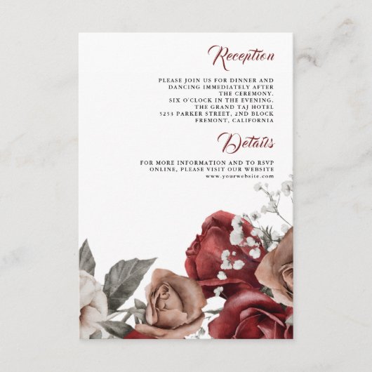 Burgundy Red Roses Floral Wedding Details Begleitkarte (Vorderseite)