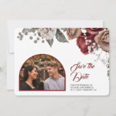 Burgundy Red Roses Floral Wedding Photo Save The Date (Vorderseite)