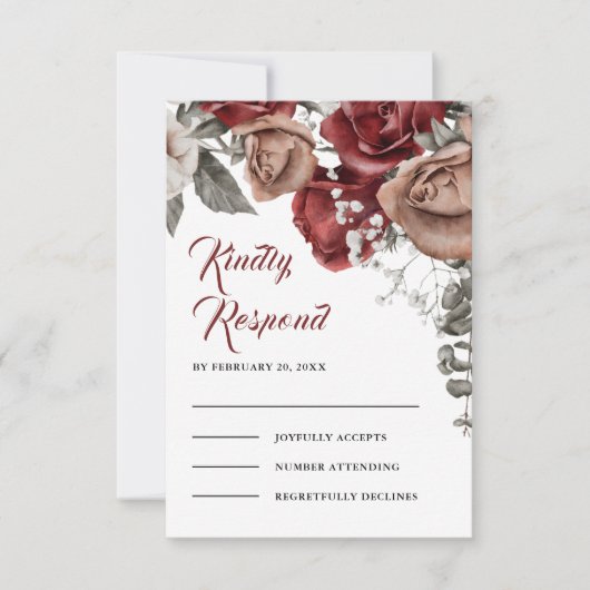 Burgundy Red Roses Floral Wedding RSVP Karte (Vorderseite)