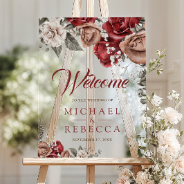 Burgundy Red Roses Floral Wedding Welcome Acrylschild