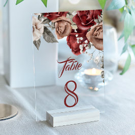 Burgundy Red Roses Wedding Acrylic Table Number Acryleinladungen