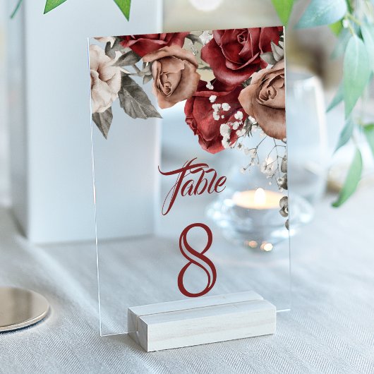 Burgundy Red Roses Wedding Acrylic Table Number Acryleinladungen