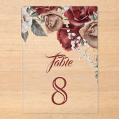 Burgundy Red Roses Wedding Acrylic Table Number Acryleinladungen (Vorderseite)