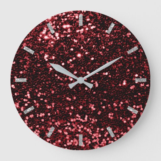 Burgundy Red Ruby Funkelnd Imitate Glitzer Gray Gl Große Wanduhr (Vorderseite)