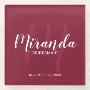 Burgundy Red Script Personalisiert Bridesmaids Glasuntersetzer