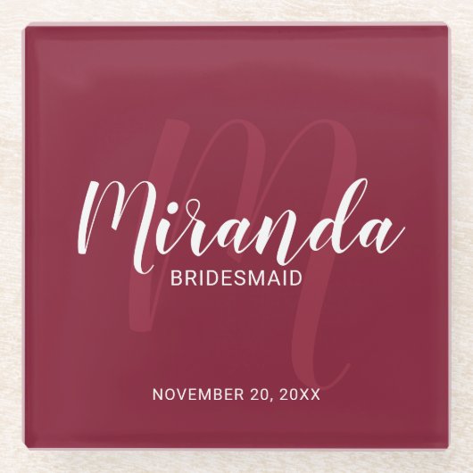 Burgundy Red Script Personalisiert Bridesmaids Glasuntersetzer (Vorderseite)