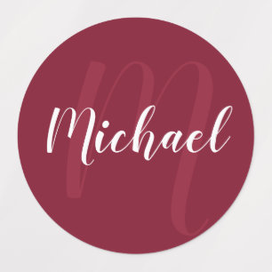 Burgundy Red Script Personalisiert Monogram und Na Etiketten