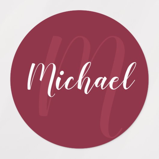 Burgundy Red Script Personalisiert Monogram und Na Etiketten (Design 1)