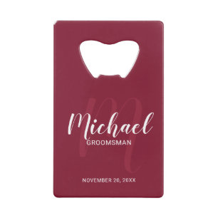 Burgundy Red Script Personalisierte Trauzeuge Geldbeutel Flaschenöffner