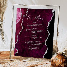 Burgundy Red Silver Agate Script Wedding Bar Menu  Poster