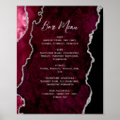 Burgundy Red Silver Agate Script Wedding Bar Menu  Poster (Vorne)
