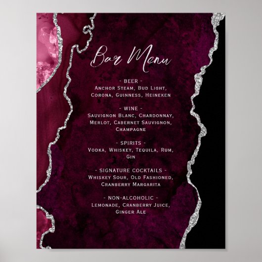 Burgundy Red Silver Agate Script Wedding Bar Menu  Poster (Vorne)