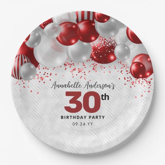 Burgundy Red Silver Balloon Glitzer Gunst Birthday Pappteller (Vorderseite)