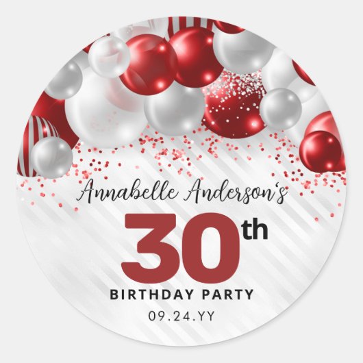 Burgundy Red Silver Balloon Glitzer Gunst Birthday Runder Aufkleber (Vorderseite)
