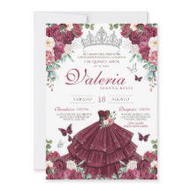 Burgundy Red & Silver Butterfly Floral Quinceañera